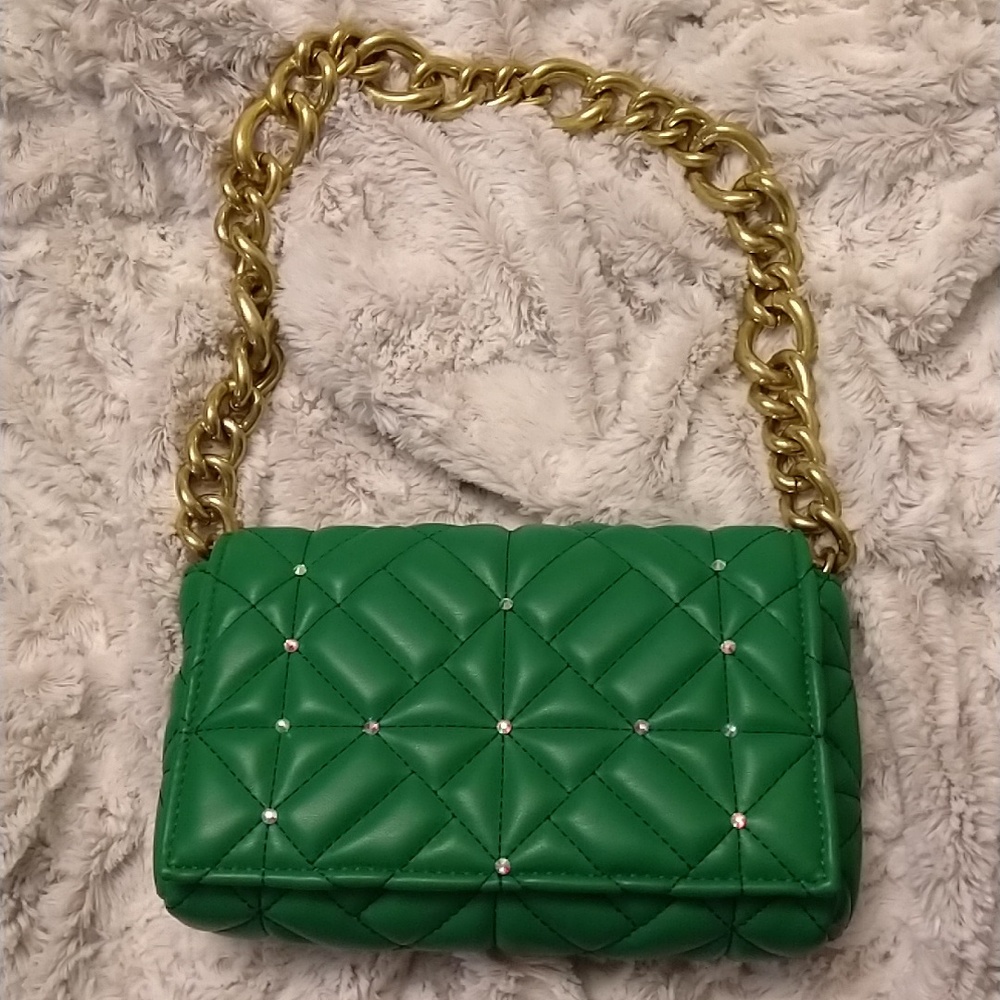 Zara Green Quilted Leather-free Bag *with Bling* NWOT